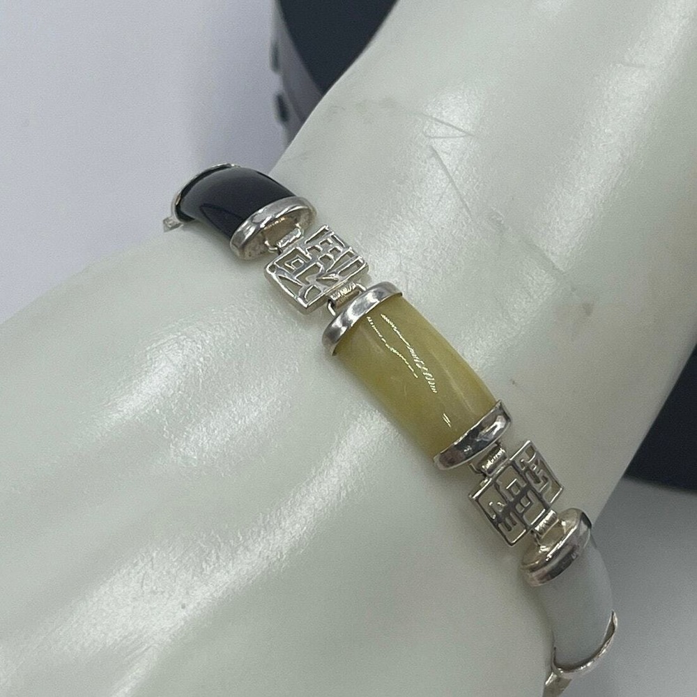 Vintage 1960's Signed Chinese Jadeite Sterling Panel Link Bracelet 7.5" Length